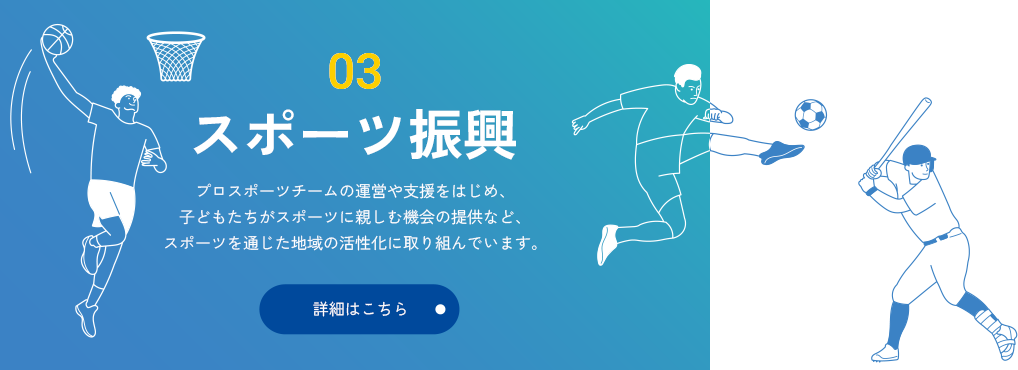 03 スポーツ振興 プロスポーツチームの運営や支援をはじめ、子どもたちがスポーツに親しむ機会の提供など、スポーツを通じた地域の活性化に取り組んでいます。